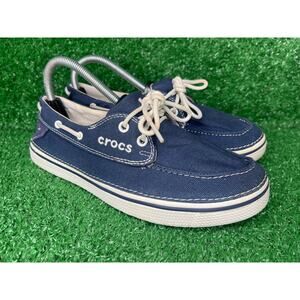 Crocs Size W 9 Hover Boat Shoe Nautical Navy Blue Canvas Lace Up Loafers Slip On
